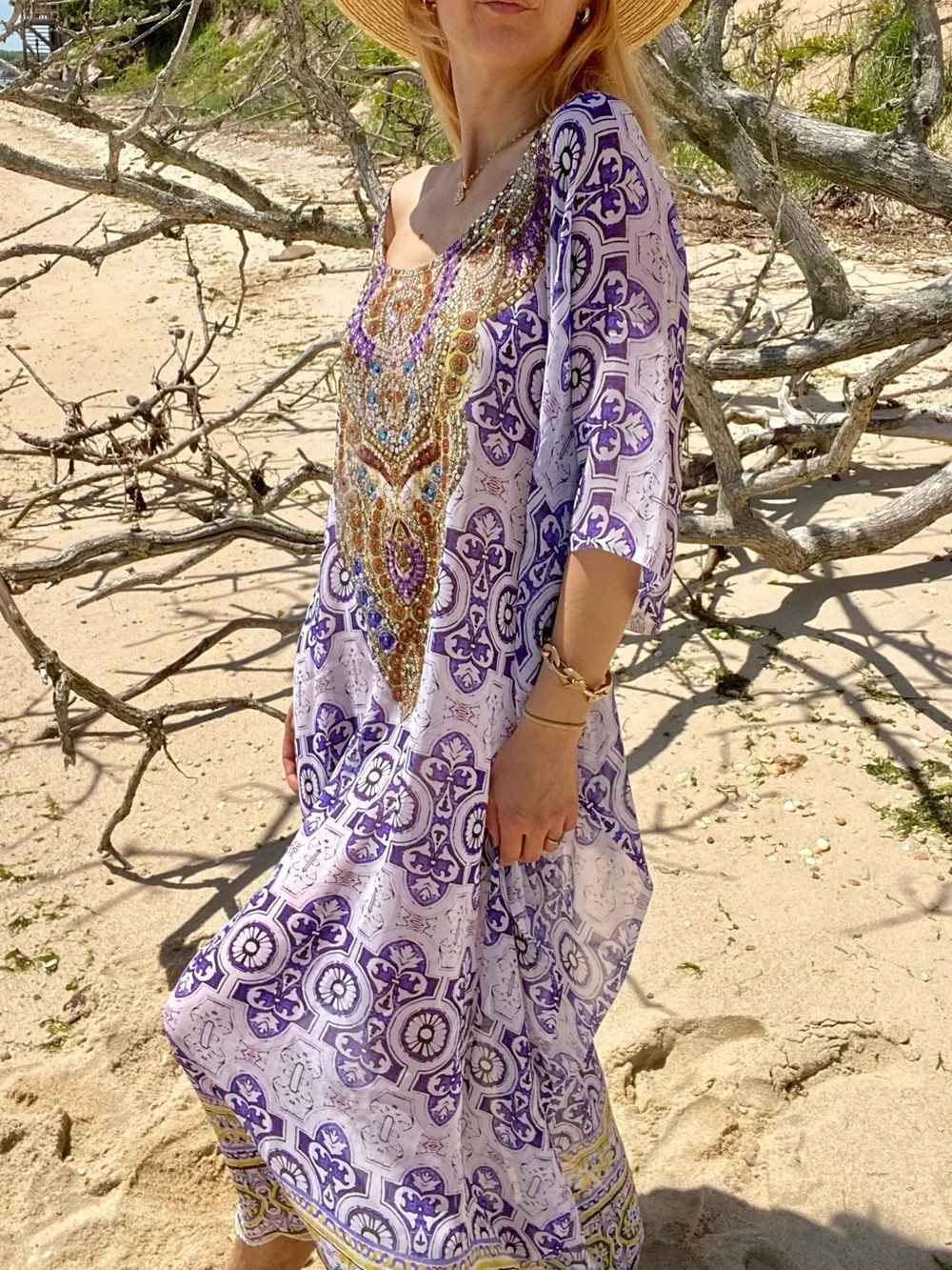 RANEE’S Boho Purple Embellished Kaftan Style Beach Cover-Up! 🐚